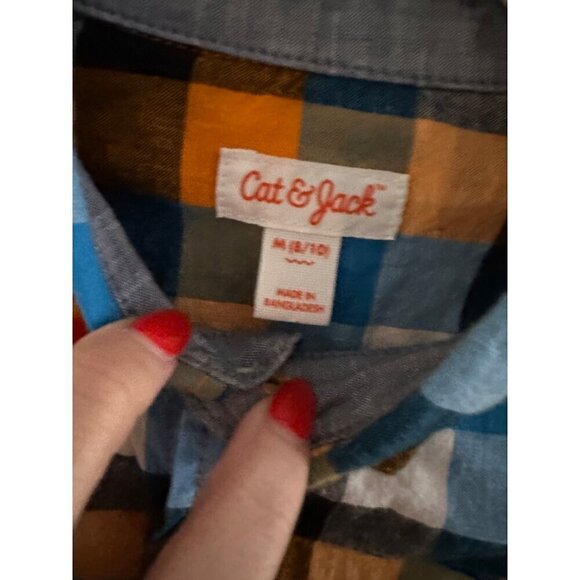 Cat & Jack Blue and Orange Plaid check button down shirt size m 8/10 - Picture 4 of 5